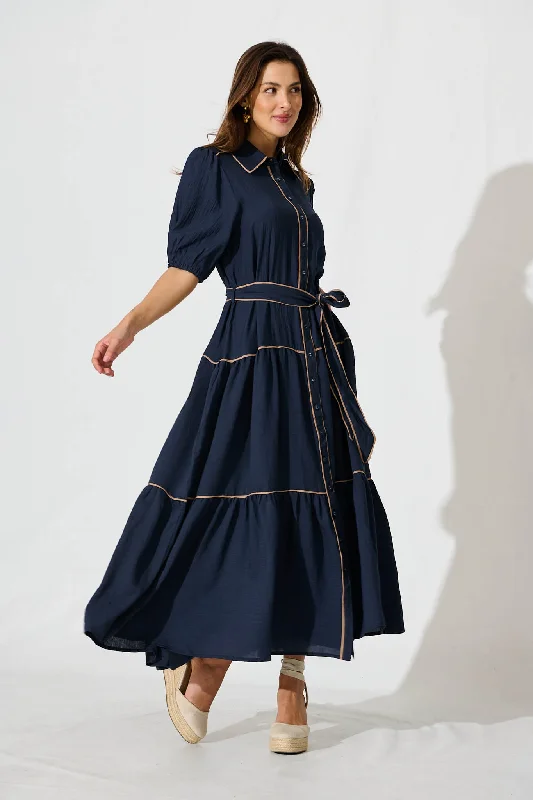 Impression Maxi Shirt Dress In Navy With Contrast Piping