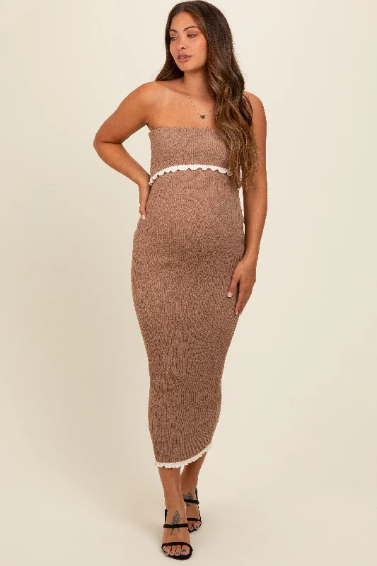 Taupe Contrast Trim Maternity Strapless Knit Dress