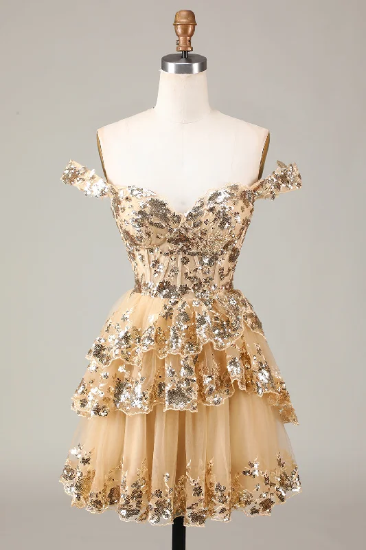 Sparkly Golden Corset Tiered Lace A-Line Short Homecoming Dress