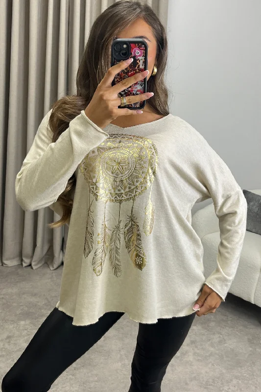 Fifi Beige Gold Foil Graphic Print Knitted Oversized Top