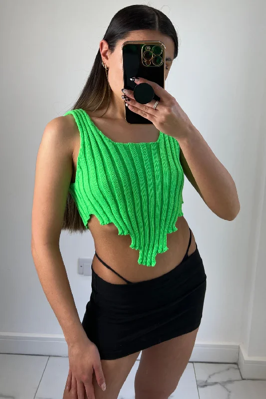 Imogen Neon Green Distressed Hem Knit Crop Top