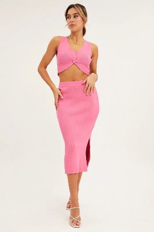 Pink Knit Skirt Midi Elastic Waist